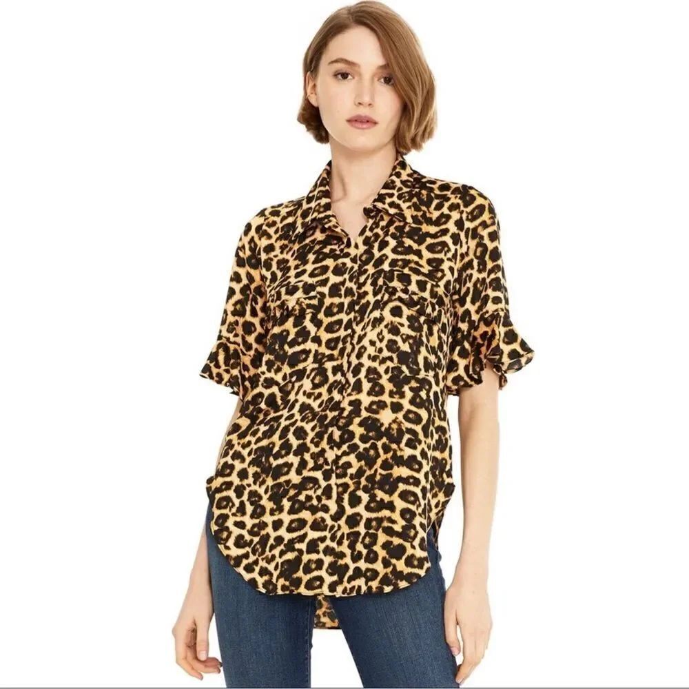 MISA Los Angeles Louise Leopard Ruffle Short Sleeve Button Down Top Size XS
